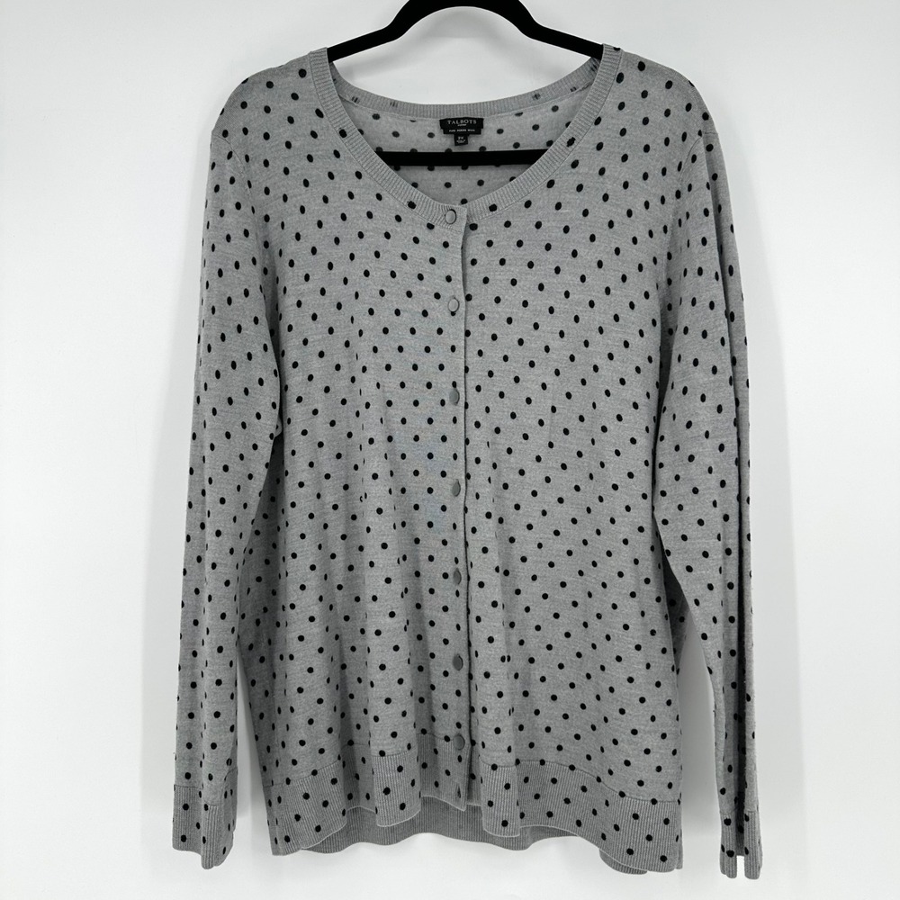 Talbots 100% Wool Gray Polka Dot Button Up Cardigan Sweater 2X Fall Winter Comfy
